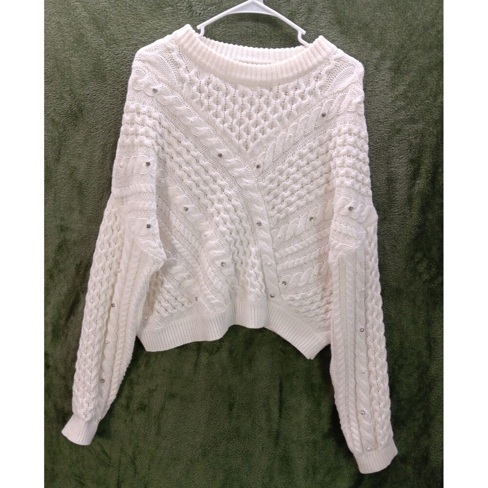 Jessica Simpson Sweater Women's M White CableKnit Crew Neck Long Sleeve Pullover